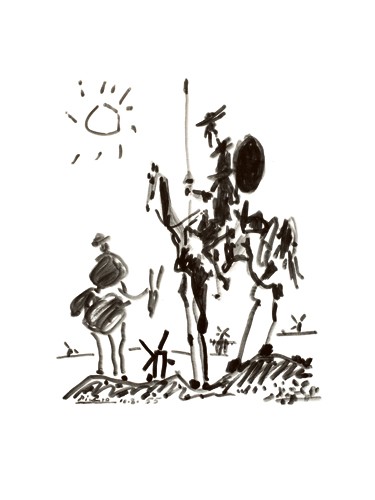 Pablo Picasso, Don Quichote (Klassische Moderne, Malerei, Zeichnung, Ritter von trauriger Gestalt, Sancho Panza, Stallbursche, Pferd, Rosinante, Miguel de Cervantes, Reiter, Silhouette, Romanfigur, Wohnzimmer, Treppenhaus, Arztpraxis, schwarz / weiß)