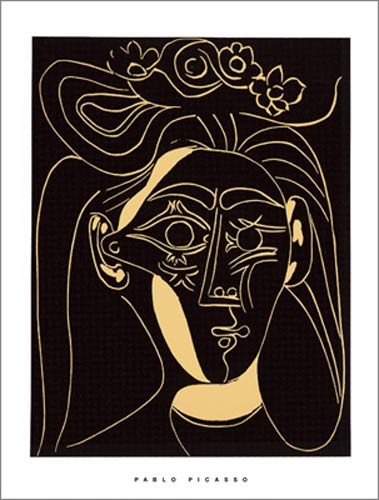Pablo Picasso, Femme au chapeau fleuri, 1962 (Büttenpapier) (Klassische Moderne, Malerei, Kubismus, Frau, figurativ, Portrait, Kopf, Hut, Ornamente, geometrische Formen, Schlafzimmer, schwarz / beige)