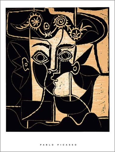 Pablo Picasso, Femme au chapeau orné, 1962 (Büttenpapier) (Klassische Moderne, Malerei, Kubismus, Frau, figurativ, Portrait, Kopf, Hut, Ornamente, geometrische Formen, Schlafzimmer, schwarz / beige)