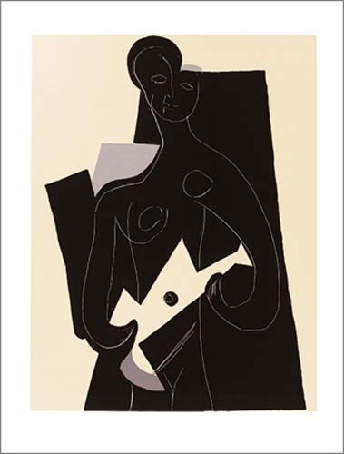 Pablo Picasso, Femme à la guitare, 1924 (Büttenpapier) (Klassische Moderne, Malerei, Kubismus, Frau, figurativ, Musikerin, Gitarre, Gitarrenspielerin, geometrische Formen, Schlafzimmer, Wohnzimmer, Musikzimmer, schwarz / beige)