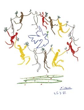 Pablo Picasso, La Ronde de la Jeunesse (Klassische Moderne, Malerei, Zeichnung, Taube, Friedenstaube, Ölzweig, Tänzer, Reigen, Kreis, Gemeinschaft, Jugend, Schlafzimmer, Wohnzimmer, Treppenhaus, Arztpraxis, bunt)