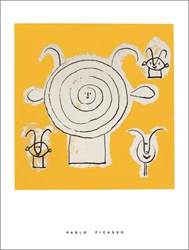 Pablo Picasso, Tête de faune en grisaille avec ..., 1946 (Büttenpapier) (Klassische Moderne, Malerei, Kubismus, Faun, Flötenspieler, figurativ, Mythologie, Sagen, Fabelwesen,  geometrische Formen, Schlafzimmer, gelb)