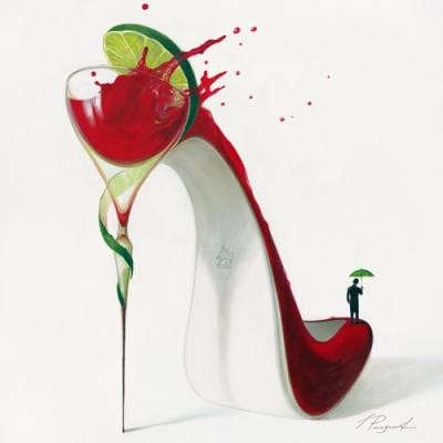 Inna Panasenko, Cosmopolitan (Malerei, Schuhe, Stiletto, hoher Absatz, erfrischend, Cocktail, Limette, gläserner Schuh, Man mit Regenschirm, Esszimmer, Bar,Wohnzimmer, Treppenhaus, bunt)