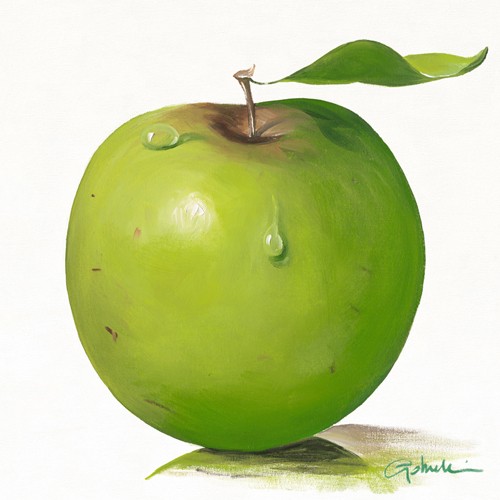 Paolo Golinelli, MeLa VeRdE (Obst, Apfel, grüner Apfel, Wassertropfen, Frucht, Kernobst, Küche, Gastronomie, Esszimmer, gesund, appetitlich, Malerei,  grün)