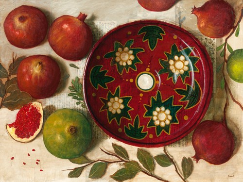 Pascal Lionnet, Céramique rouge (Stillleben, Granatäpfel, exotisch, Teller, Keramik,  orientalisch, Obst, Früchte, Malerei, zeitgenössisch, Wunschgröße, Küche, Esszimmer, Gastronomie, Bistro, bunt)
