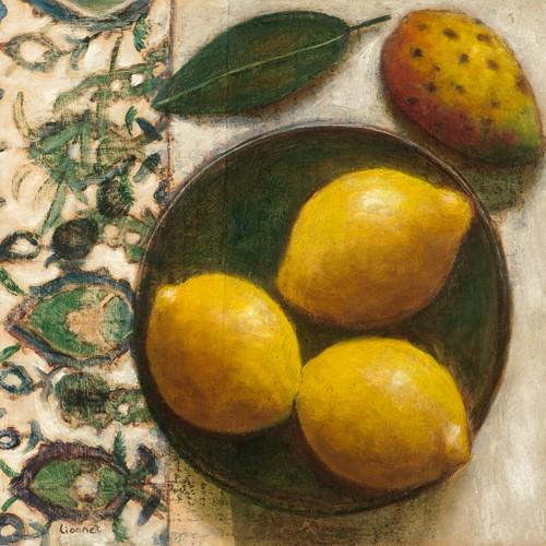 Pascal Lionnet, Citrons (Stillleben, Obstteller, Zitronen, Zitrusfrüchte, Kaktusfeige, Malerei, zeitgenössisch, Küche, Esszimmer, Gastronomie, Bistro, Wunschgröße, bunt)