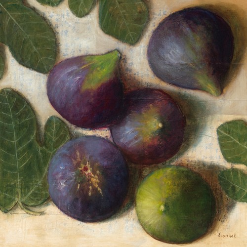 Pascal Lionnet, Figues (Stillleben,Feigen, Obst, Früchte, Feigenblätter,  Malerei, zeitgenössisch, Wunschgröße, Küche, Esszimmer, Gastronomie, Bistro, bunt)