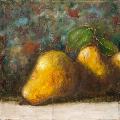 Pascal Lionnet, Triptyque poires I (Stillleben, Birnen, Obst, Früchte, Malerei, zeitgenössisch, Wunschgröße, Küche, Esszimmer, Gastronomie, Bistro, bunt)
