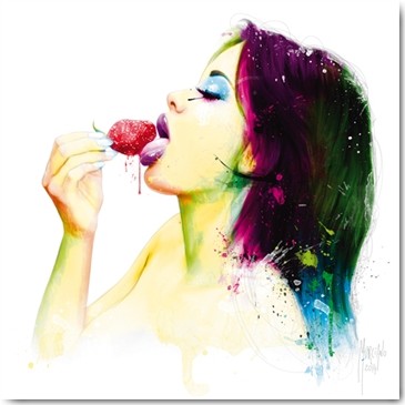 Patrice Murciano, Fruity Kiss I (Wunschgröße, Pop Art, Erotik, Punk, Mädchen, Erdbeeren, schlecken, Sexy, sinnlich, Leuchtfarben, Neon, Schrill, Modern, Malerei, Jugendzimmer, Wohnzimmer, Jugendzentrum, bunt)