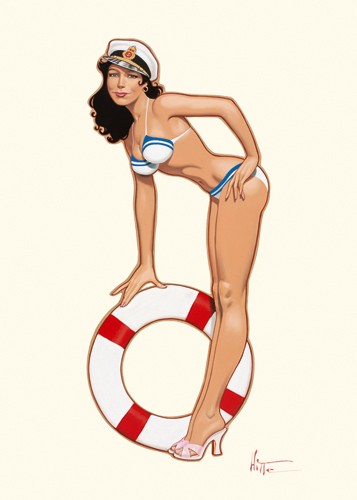 Patrick Hitte, Captain Pin-up (Wunschgröße, Malerei,Modern,People & Eros,Pin up, Frau, Kapitain, Schwimmring, Bikini, Schlafzimmer, Wohnzimmer,bunt)