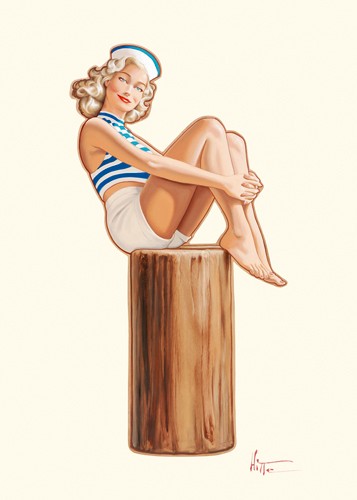 Patrick Hitte, Marine (Wunschgröße, Malerei,Modern,People & Eros,Pin up, Frau, blond, Matrose, Marine, Holzblock, Schlafzimmer, Wohnzimmer,bunt)