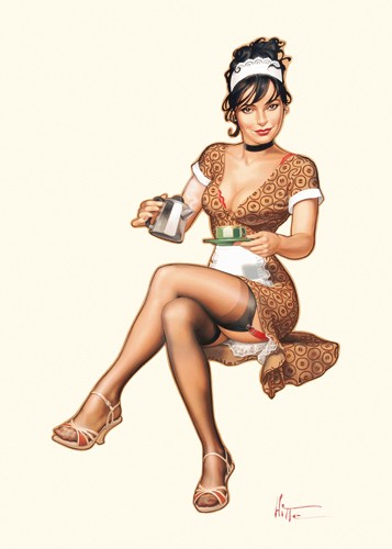 Patrick Hitte, Th ou caf (Malerei,Modern,People & Eros, Pin up, Frau, dienstmädchen, Strapse, Kaffee, Espresso, Wunschgröße, Schlafzimmer, Wohnzimmer,bunt)