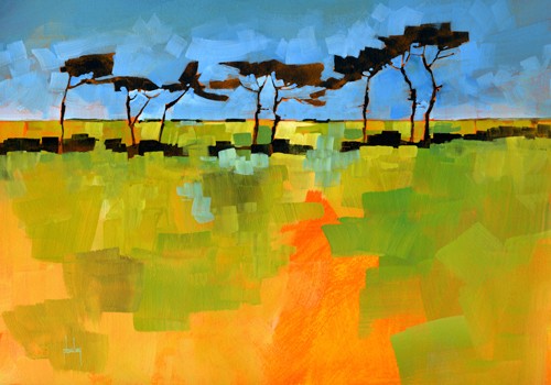 Paul Bailey, Suffolk Scots (Wunschgröße, Malerei, abstrakte Malerei, Landschaft, Felder, Farbfelder, Bäume, leuchtend, Wohnzimmer, Büro, bunt)