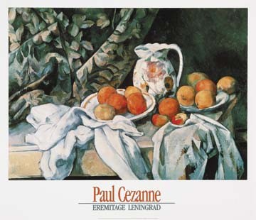Paul Cézanne, Stilleben mit Früchten (Impressionismus, Stillleben, Obst, Früchte,  Tischtuch, Kanne, Tisch, Küche, Esszimmer, Gastronomie, bunt)
