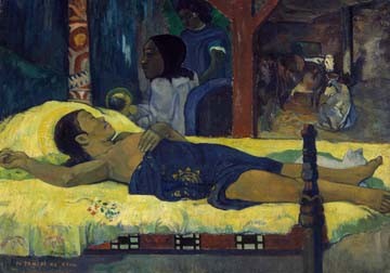 Paul Gauguin, Die Geburt Christi (Wunschgröße, Klassische Moderne, Impressionismus, Malerei, Tahiti, Ethnisch, Geburt, Frau, Erschöpfung, Bett, Baby, Hütte, Wohnzimmer, Schlafzimmer, bunt)