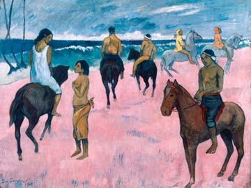 Paul Gauguin, Reiter am Strand (Wunschgröße, Klassische Moderne, Impressionismus, Malerei, Meer, Strand, Landschaft, Tahiti, Ethnisch, Menschen, Reiter, Reiterinnen, Pferde, Wohnzimmer, Schlafzimmer, Wintergarten, bunt)