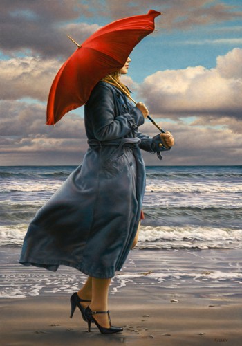 Paul Kelly, Red Umbrella (Wunschgröße, Fotorealismus, Meer, Strand, Frau, Mantel, Wind, Regenschirm, roter Schirm, Wellen, Gepäck, Sehnsucht, Reise, Schlafzimmer, Wohnzimmer, Treppenhaus, bunt)