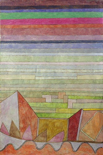 Paul Klee, Blick in das Fruchtland (Wunschgröße, Malerei, Konstruktivismus,  geometrische Formen, Streifen, Farbflächen, Klassische Moderne,  Wohnzimmer, Arztpraxis, Büro, Business, bunt)