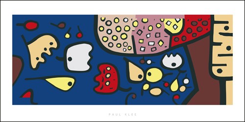 Paul Klee, Früchte auf Blau, 1938 (Büttenpapier) (Malerei, Abstrakte  Malerei, abstrakt, abstrakte Formen,Ornamente, Klassische Moderne,  Wohnzimmer, Arztpraxis, Büro, bunt)