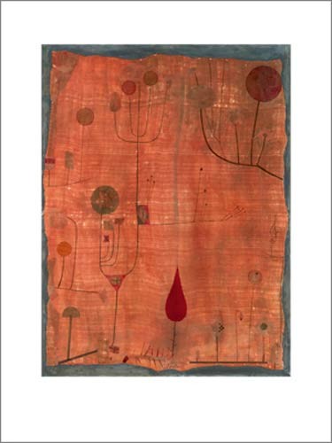 Paul Klee, Früchte auf rot, 1930 (Malerei, Expressionismus, Pflanzen, Obst, Bäume, Blatt, Farbfläche,  Klassische Moderne, Schlafzimmer, Wohnzimmer, rot)