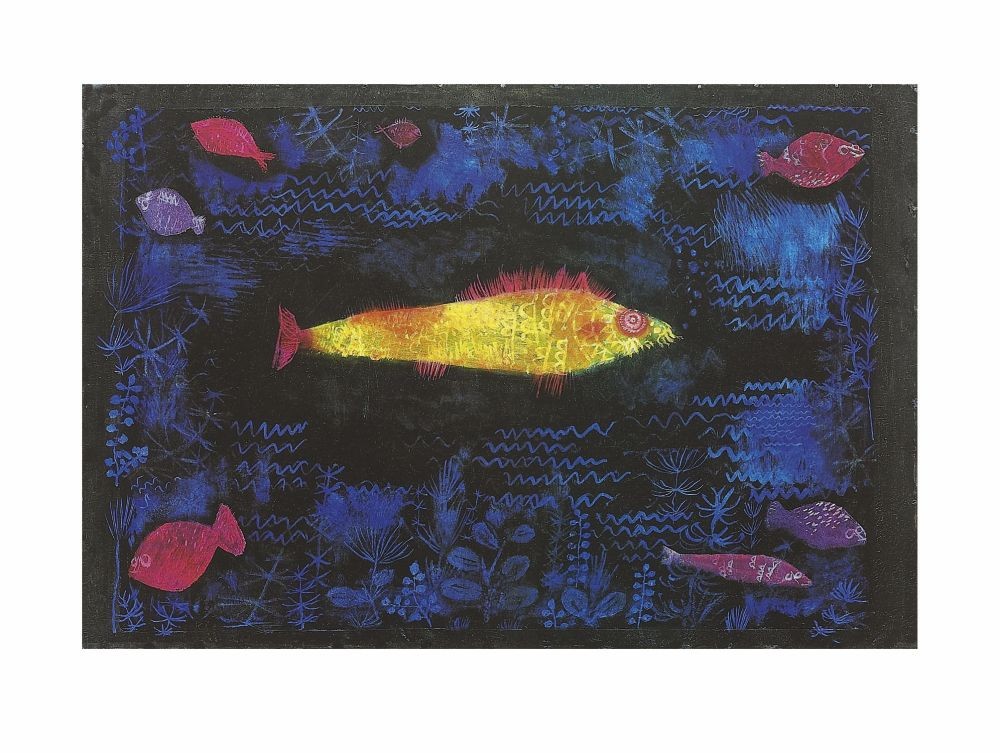 Paul Klee, Golden Fish (Malerei, Unterwasserwelt, Fisch, goldener Fisch, Fische, Wellenlinien,   Primitivismus, Klassische Moderne,  Schlafzimmer, Wohnzimmer, Arztpraxis, Büro, bunt)
