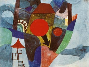 Paul Klee, Landschaft mit sinkender Sonne (Wunschgröße, Malerei, Expressionismus, Sonnenuntergang, Häuser,  Klassische Moderne, Schlafzimmer, Wohnzimmer, Arztpraxis, bunt)