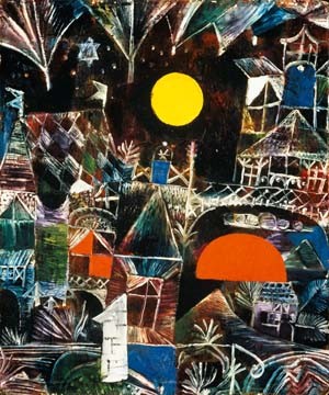 Paul Klee, Mondaufgang - Sonnenuntergang (Wunschgröße, Malerei, Expressionismus, Dächer, Mond, Sonne, Nachtszene, Häuser,  Klassische Moderne, Schlafzimmer, Wohnzimmer,bunt)