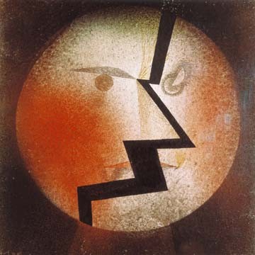 Paul Klee, Physiognomischer Blitz (Malerei, Expressionismus, Mond, Mondgesicht, Vollmond, Blitz, spalten, teilen,   Klassische Moderne, Treppenhaus, Wohnzimmer,bunt)