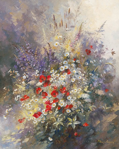 Paul Messely, Coquelicots (Blumen, Blumenstrauß, Blüten, Wiesenblumen, Mohnblumen, üppig, Malerei, Wohnzimmer, Treppenhaus, Esszimmer, bunt)