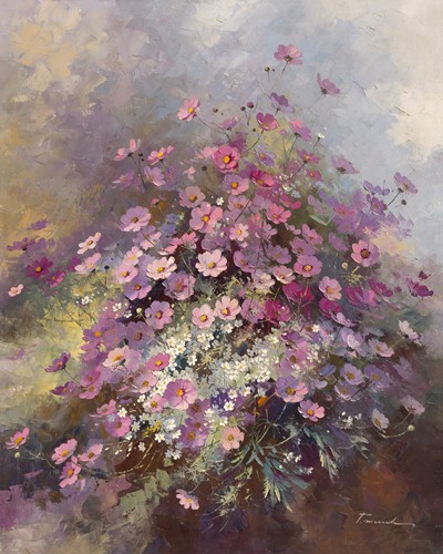 Paul Messely, Cosmos (Blumen, Blumenstrauß, Blüten, üppig, Malerei, Wohnzimmer, Treppenhaus, Esszimmer, Wunschgröße, bunt)