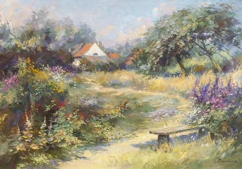 Paul Messely, Le jardin du peintre (Landschaft, Garten, Haus, Landhaus, Blumen, Blüten, Gartenweg, Frühling, Wohnzimmer, Treppenhaus, Esszimmer, Wunschgröße, Malerei, bunt)