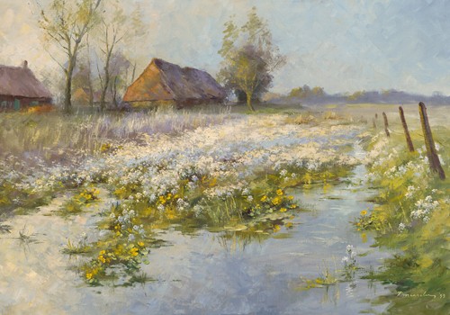 Paul Messely, Paysage (Landschaft, Garten, Haus, Landhaus, Blumen, Blüten, Pfütze, Wunschgröße, Wohnzimmer, Malerei, bunt)