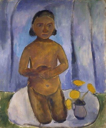 Paula Modersohn-Becker, Kniendes Kind vor blauem Vorhang (Wunschgröße, People & Eros, Figurativ, Schlafzimmer, Wohnzimmer, Fauvismus)