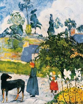 Paul Gauguin, Bretonische Landschaft (Wunschgröße, Klassische Moderne, Impressionismus, Malerei, Landschaft, Frankreich, Bretagne, Frau, Mädchen, Kind, Hund Wohnzimmer, Schlafzimmer, bunt)