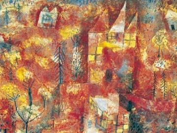 Paul Klee, Das Kind in der Landschaft (Wunschgröße, Malerei, Expressionismus, Landschaft, Bäume, Häuser, Farbfelder, Klassische Moderne, Wohnzimmer, Arztpraxis, bunt)