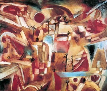 Paul Klee, Felsenlandschaft (Wunschgröße, Malerei, Expressionismus, Landschaft, Bäume, Felsen, Häuser, Farbfelder, Klassische Moderne, Wohnzimmer, Arztpraxis, bunt)