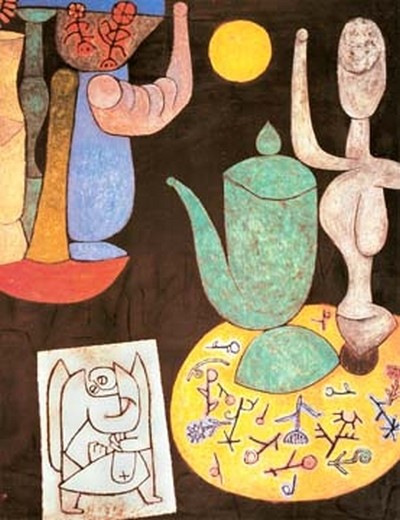 Paul Klee, Ohne Titel (Stillleben) (Wunschgröße, Malerei, Expressionismus, Stillleben, Kanne, archaische figur, Hieroglyphen, Klassische Moderne, Wohnzimmer,  bunt)