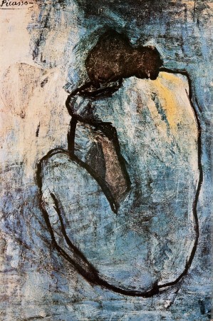 Pablo Picasso, Pablo Picasso, Blauer Akt, ca. 1902 (Klassische Moderne, Malerei, Blaue Periode, Frau, Akt, nackt, Rückenakt, Tristesse, Melancholie, Schlafzimmer, blau / grau)