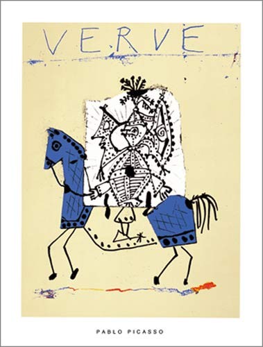 Pablo Picasso, Cover for Verve, 1951 (Büttenpapier) (Klassische Moderne, Malerei, Kubismus, Reiter, Reitkünstler, Pferd figurativ, Zirkus, Leidenschaft, geometrische Formen, Schlafzimmer, blau / beige)