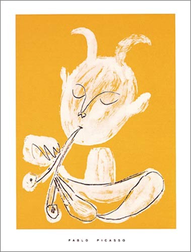 Pablo Picasso, Faune blanc, 1946 (Büttenpapier) (Klassische Moderne, Malerei, Kubismus, Faun, Flötenspieler, figurativ, Mythologie, Sagen, Fabelwesen,  geometrische Formen, Schlafzimmer, gelb)