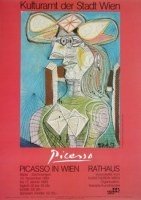 Pablo Picasso, Frau mit Hut auf blauem Hintergrund (Klassische Moderne, Malerei, Kubismus, Plakatkunst, Frau, Hut, Portrait, Sitzende, Stuhl, geometrische Formen, Schlafzimmer, Wohnzimmer, Treppenhaus, bunt)