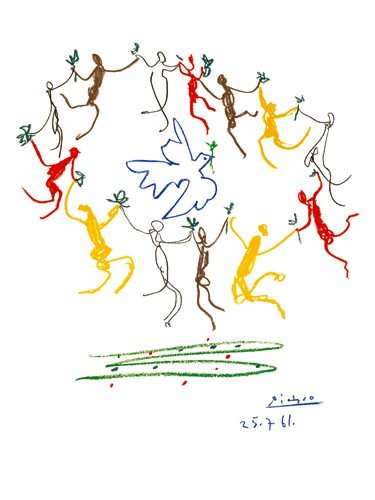 Pablo Picasso, La Ronde de la Jeunesse - 1961 (Klassische Moderne, Malerei, Zeichnung, Taube, Friedenstaube, Ölzweig, Tänzer, Reigen, Kreis, Gemeinschaft, Jugend, Schlafzimmer, Wohnzimmer, Treppenhaus, Arztpraxis, bunt)