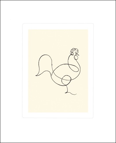 Pablo Picasso, Le coq, 1918 (Büttenpapier) (Klassische Moderne, Zeichnung, minimalistisch, Vogel, Geflügel, Hahn, Einstrichzeichnung,   Wohnzimmer, Treppenhaus, Arztpraxis, schwarz / weiß)