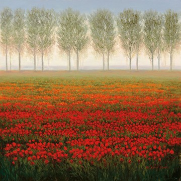 Park, Morning Mist (Landschaft, Mohnblüten, Mohnfeld, Allee, Bäume, Pflanzen, Wohnzimmer, mMlerei, bunt)