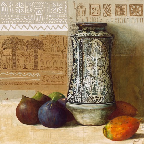 Pascal Lionnet, Albarelle du Magrheb (Stillleben, Feigen, Kaktusfeige, Keramik, Vase, orientalisch, Obst, Früchte,   Malerei, zeitgenössisch, Wunschgröße, Küche, Esszimmer, Gastronomie, Bistro, bunt)