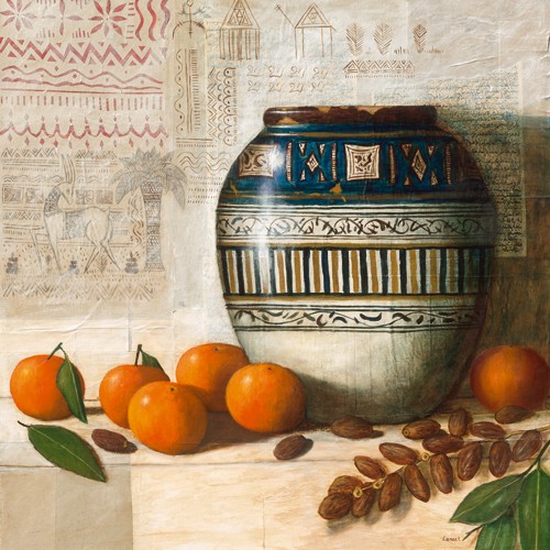 Pascal Lionnet, Céramique tunisienne (Stillleben, Mandarinen, Datteln, tunesische Keramik, Vase, orientalisch, Obst, Früchte, Malerei, zeitgenössisch, Wunschgröße, Küche, Esszimmer, Gastronomie, Bistro, bunt)