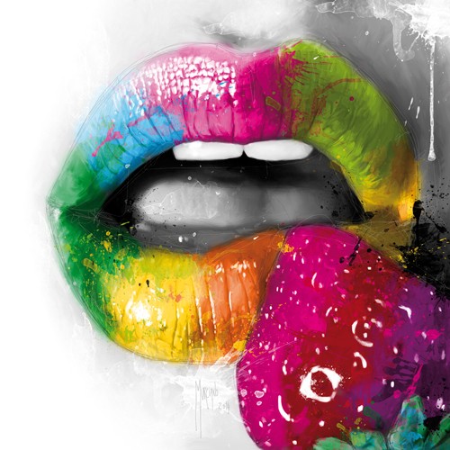 Patrice Murciano, Fruity Kiss II (Wunschgröße, Pop Art, Erotik, Punk, Mund, Lippen, Erdbeere, Sexy, sinnlich, Leuchtfarben, Neon, Schrill, Modern, Malerei, Jugendzimmer, Wohnzimmer, Jugendzentrum, bunt)