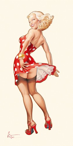 Patrick Hitte, Blonde dans le vent (Wunschgröße, Malerei,Modern,People & Eros,Pin up, Frau, Strapse, Kleid, rot, Punkte, blond, Schlafzimmer,Wohnzimmer,bunt)