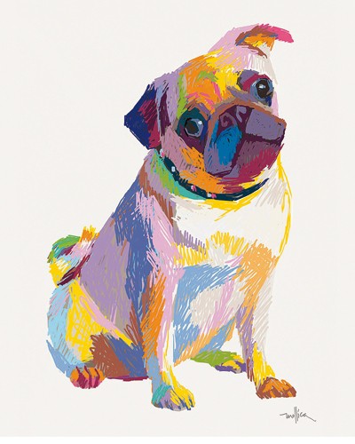 Patti Mollica, Pug Sketch (Wunschgröße, Malerei, modern, Hund, Mops, Hundeblick, niedlich, Pop Art, Wohnzimmer, Jugendzimmer, schrill, bunt)