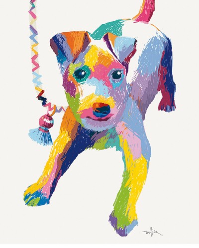 Patti Mollica, Terrier Sketch (Wunschgröße, Malerei, modern, Hund, Terrier, Hundeblick, niedlich, Pop Art, Wohnzimmer, Jugendzimmer, schrill, bunt)